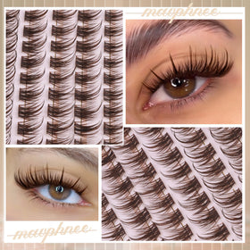 Mavphnee brown lash clusters applied on a model's eyes
