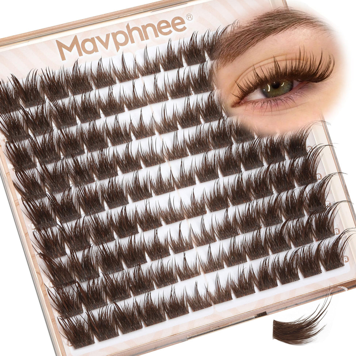 Mavphnee Brown Lash Clusters front view with packaging