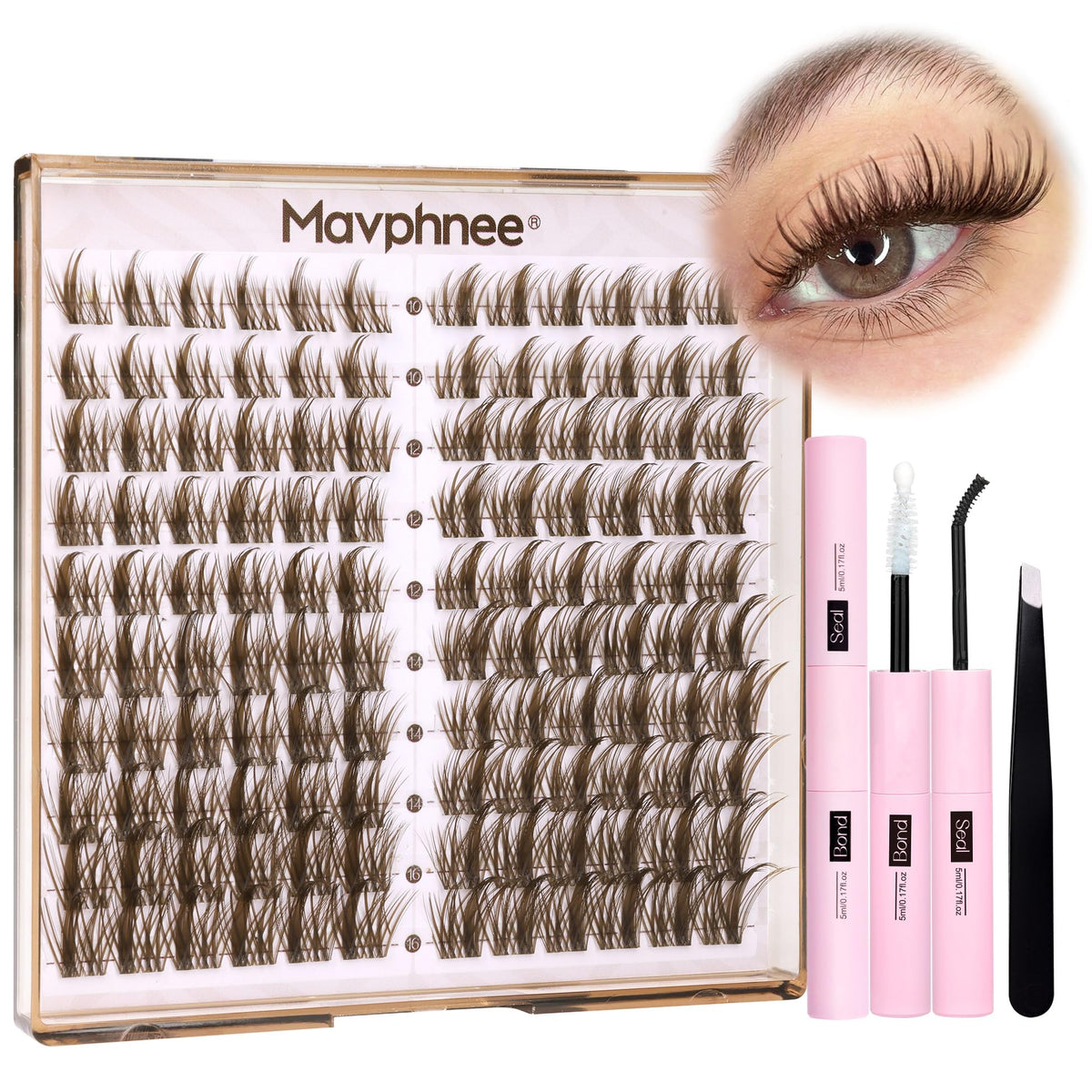 Mavphnee Brown Lash Clusters Kit front view with 120 pcs