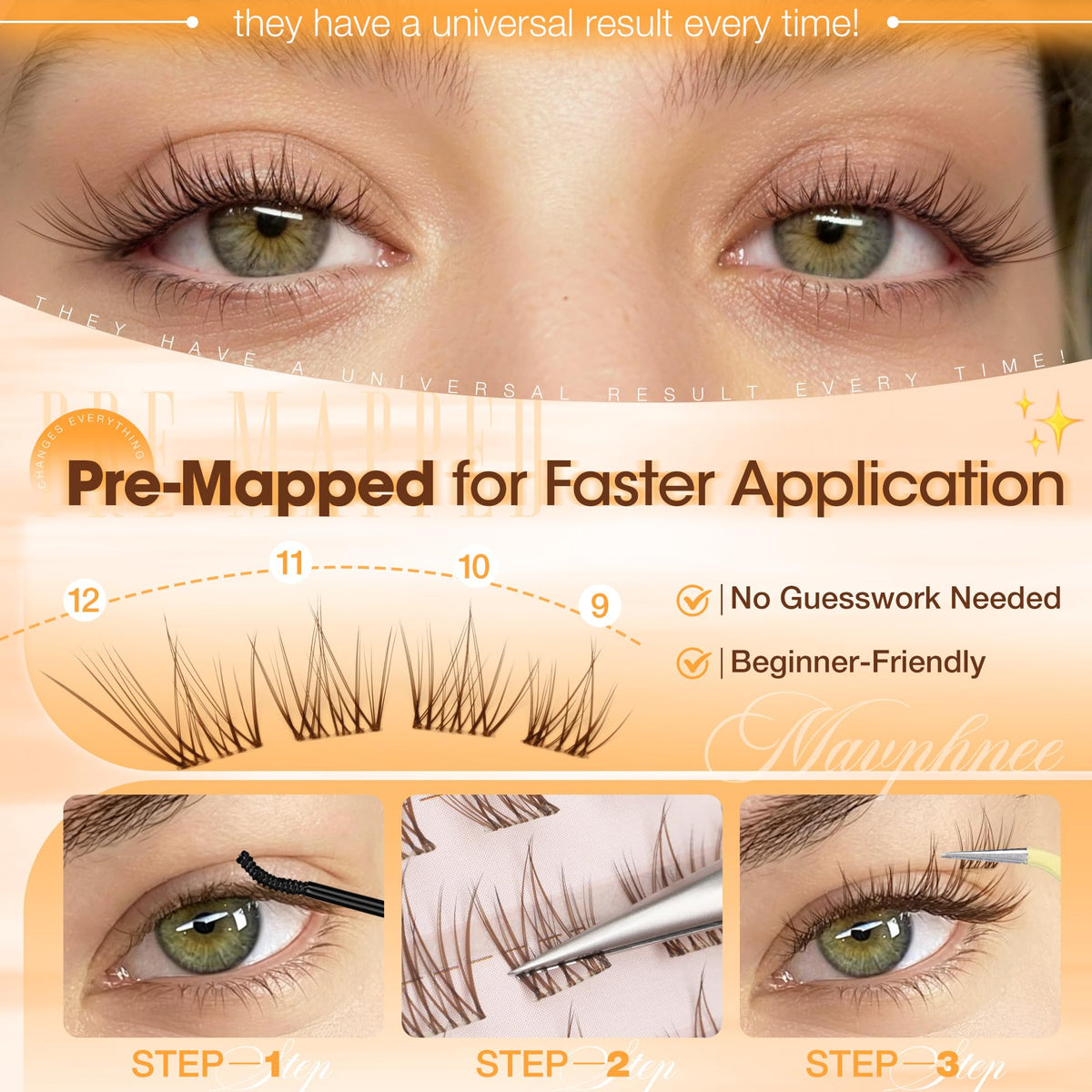 Mavphnee Brown Lash Clusters on model's eyes