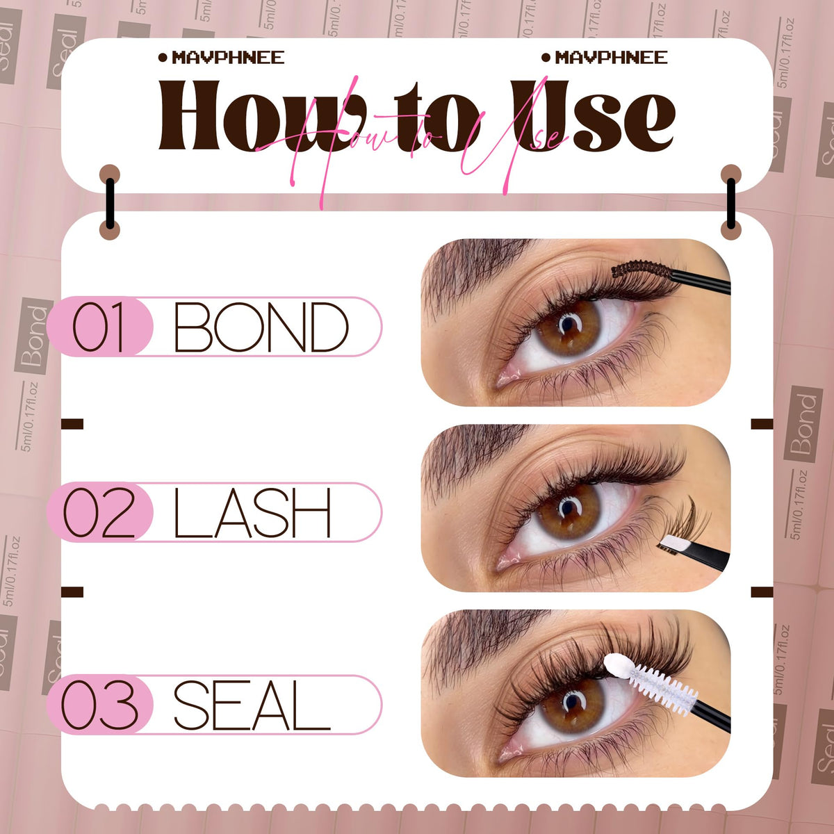 Mavphnee Lash Bond and Seal in use with brown lashes