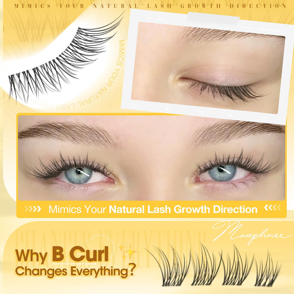 Mavphnee Natural Lash Clusters B Curl applied on model