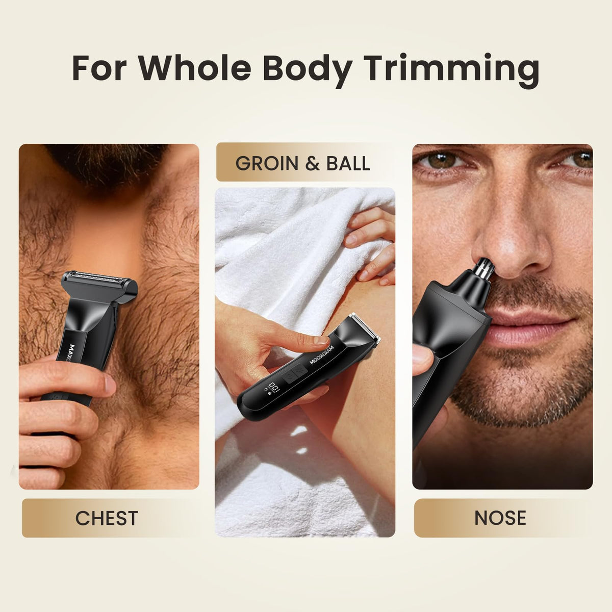 MAXGROOM trimmer with travel pouch on a flat surface