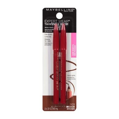 MAYBELLINE Expert Eyes Twin Brow & Eye Pencils Medium Brown in a makeup bag