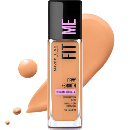 MAYBELLINE Fit Me Dewy + Smooth Foundation front view, Warm Honey shade