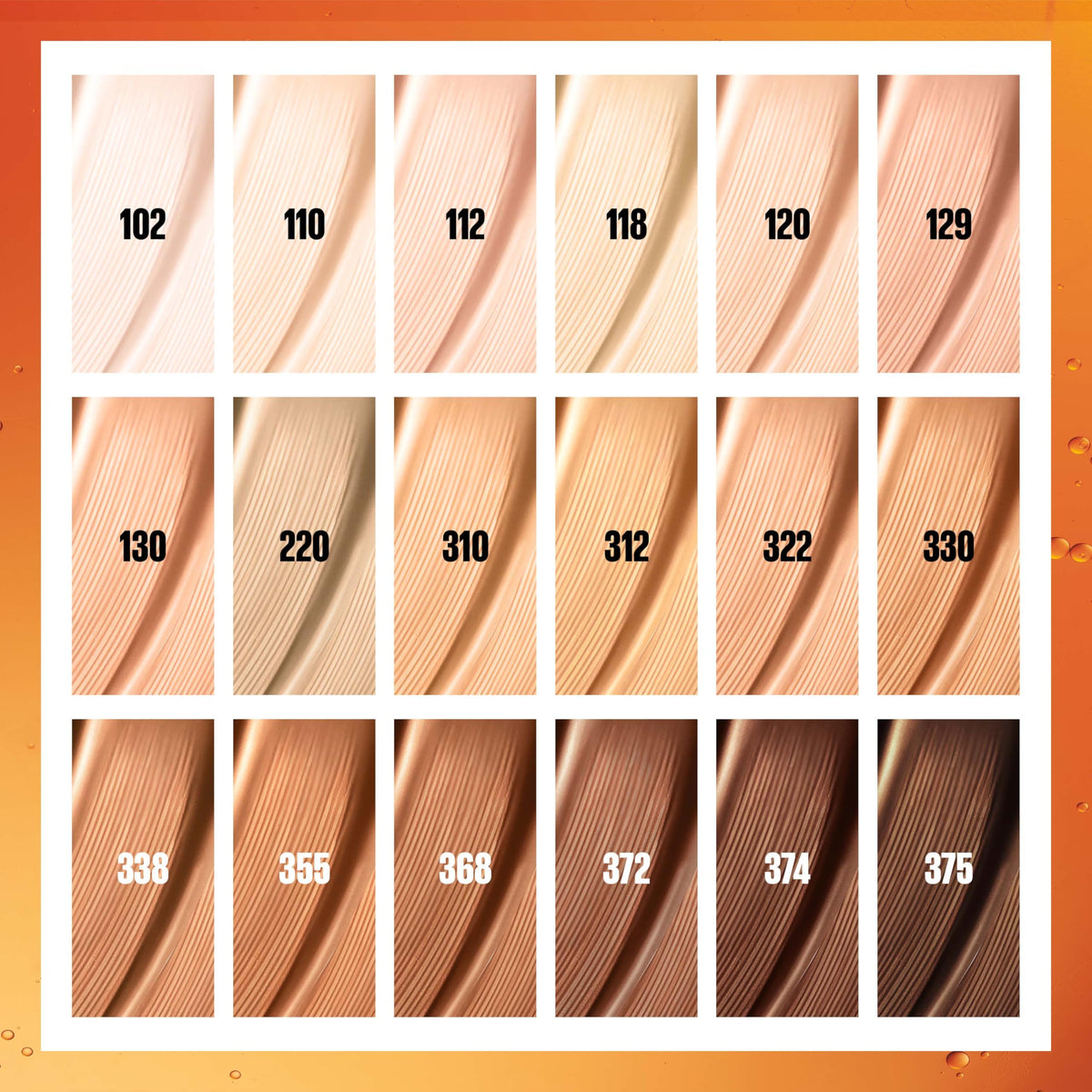 MAYBELLINE Super Stay Skin Tint Foundation swatches on a skin tone chart