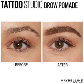 MAYBELLINE TattooStudio Brow Pomade Medium Brown angled brush close-up