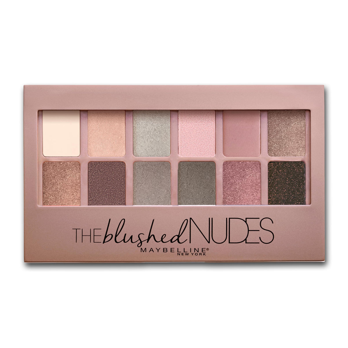 MAYBELLINE The Blushed Nudes Eyeshadow Palette front view with 12 shades