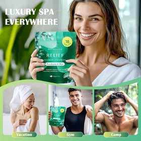 Maybeluck Eucalyptus & Mint Shower Steamers displayed with fresh eucalyptus