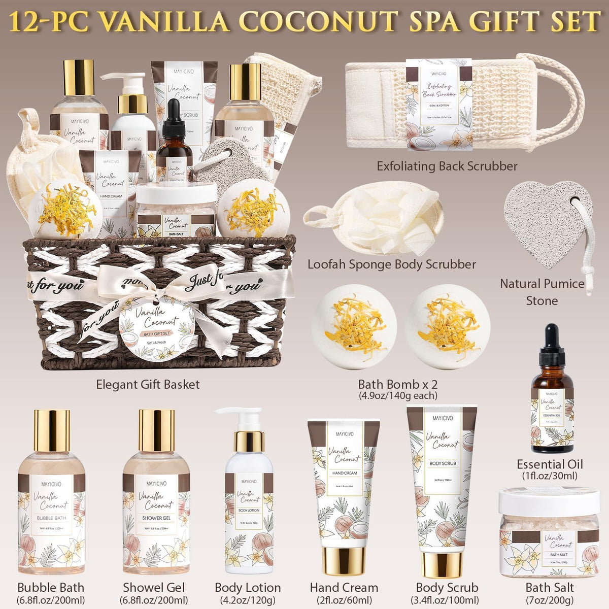 MAYICIVO Spa Gift Basket contents displayed including bubble bath and shower gel