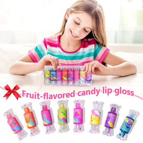 Mebtmel lip gloss set showing glittery candy-shaped packaging