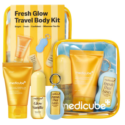 medicube Fresh Glow Body Kit front view with Body Wash, Deodorant, and Fragrance Mist