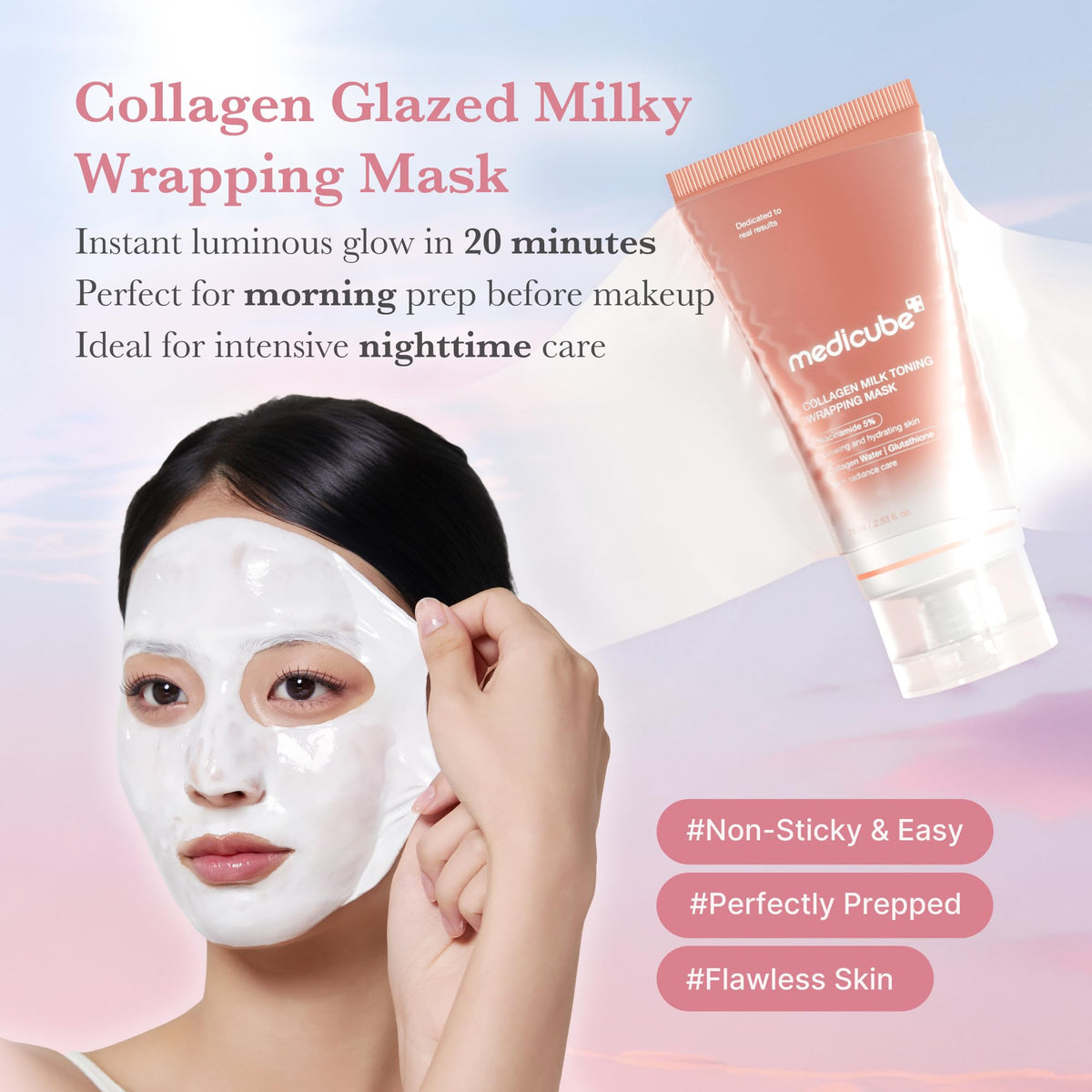 medicube Wrapping Mask Collagen Glazed Milky Glow application on skin