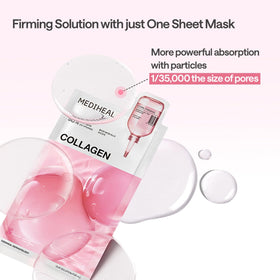 MEDIHEAL Collagen Essential Face Sheet Mask on a bathroom counter