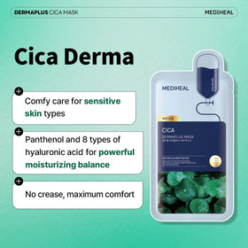 MEDIHEAL Dermaplus Cica Daily Calming Mask on a model's face