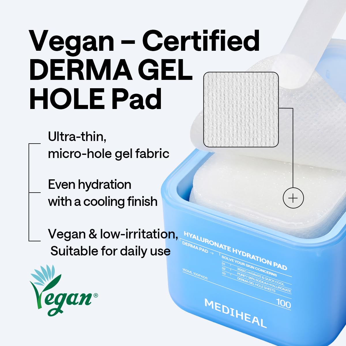 MEDIHEAL Hyaluronate Hydration Toner Pads with a hand holding a pad