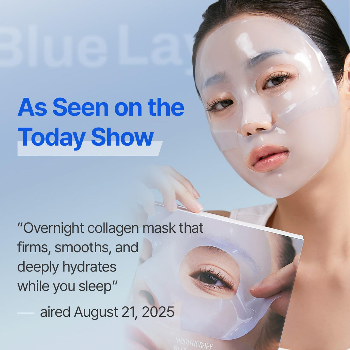 MEDITHERAPY Bluelayer Water Dome Mask applied on a model's face