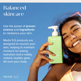 Medix 5.5 Coconut Body Lotion packaging on a bathroom shelf