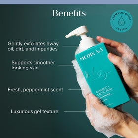 Medix 5.5 Exfoliating AHA Face & Body Wash bottle with ingredients