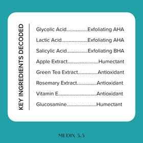 Medix 5.5 Glycolic Acid Exfoliating Body Wash and Serum on bathroom shelf