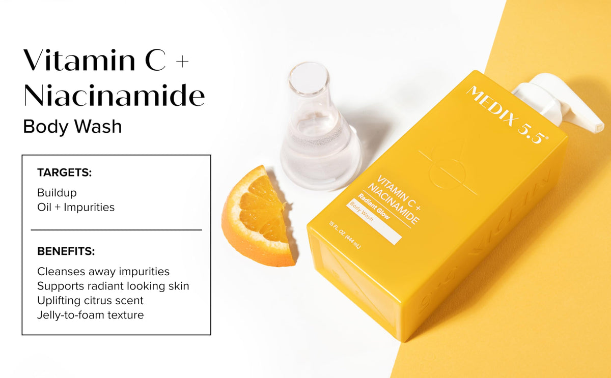 Medix 5.5 Vitamin C Body Wash lathered on skin