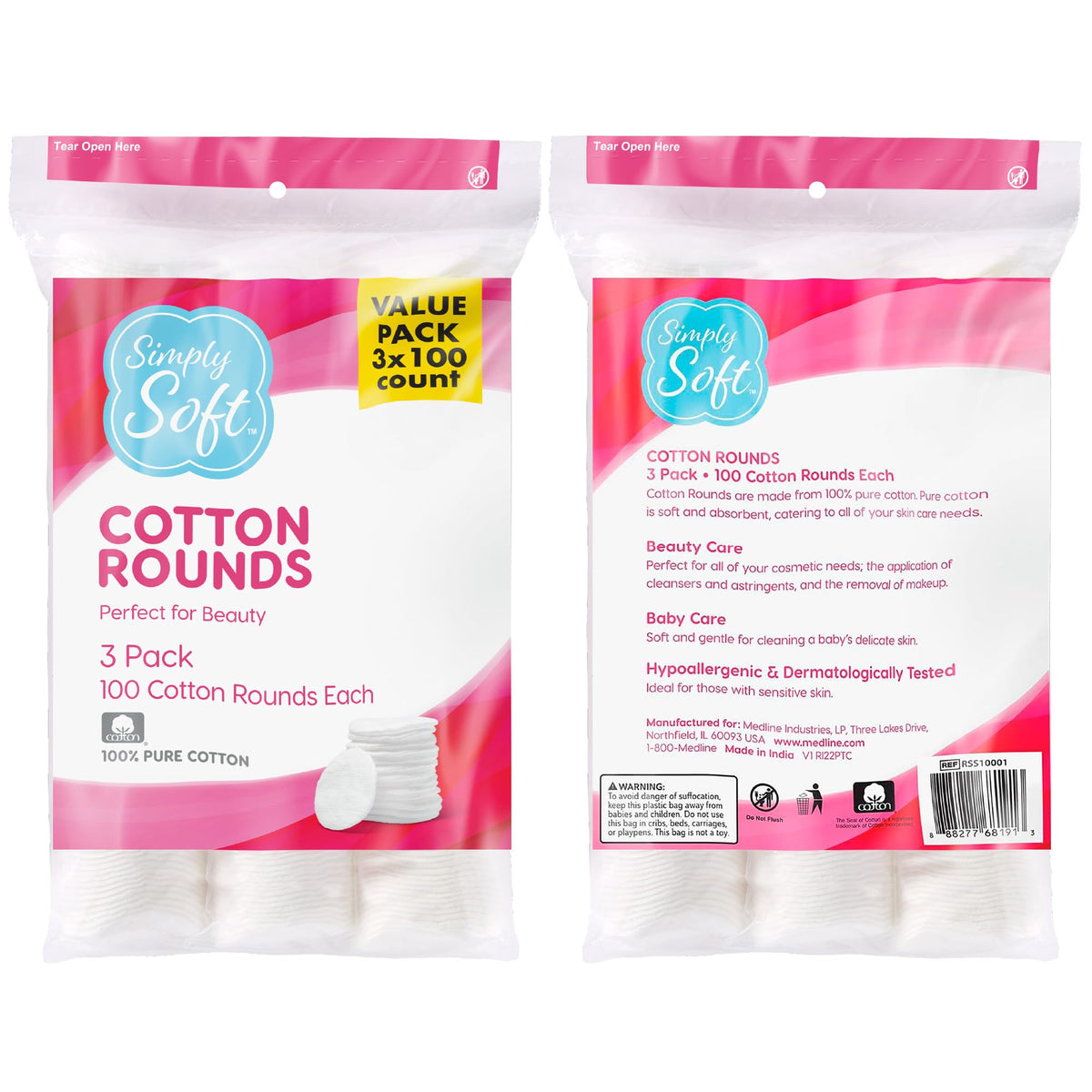 Medline Simply Soft Cotton Rounds in use with skincare products