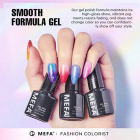 MEFA gel polish in glitter purple shade on nails
