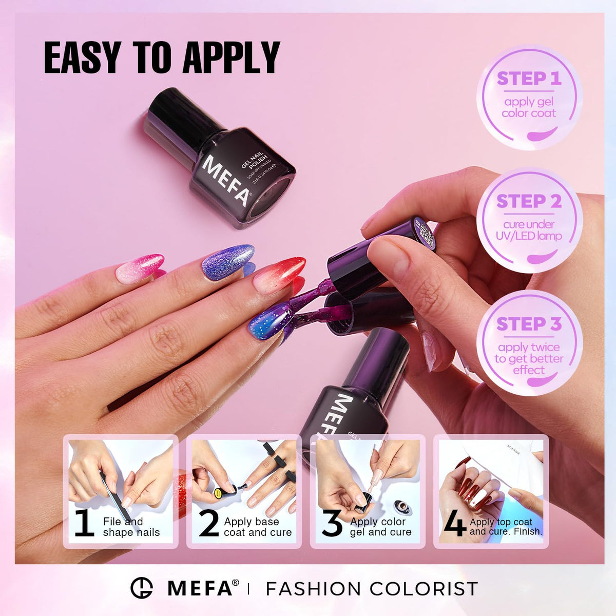 MEFA gel polish in glitter red shade on display