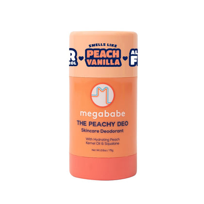 Megababe Peachy Deo deodorant front view with peach-vanilla scent
