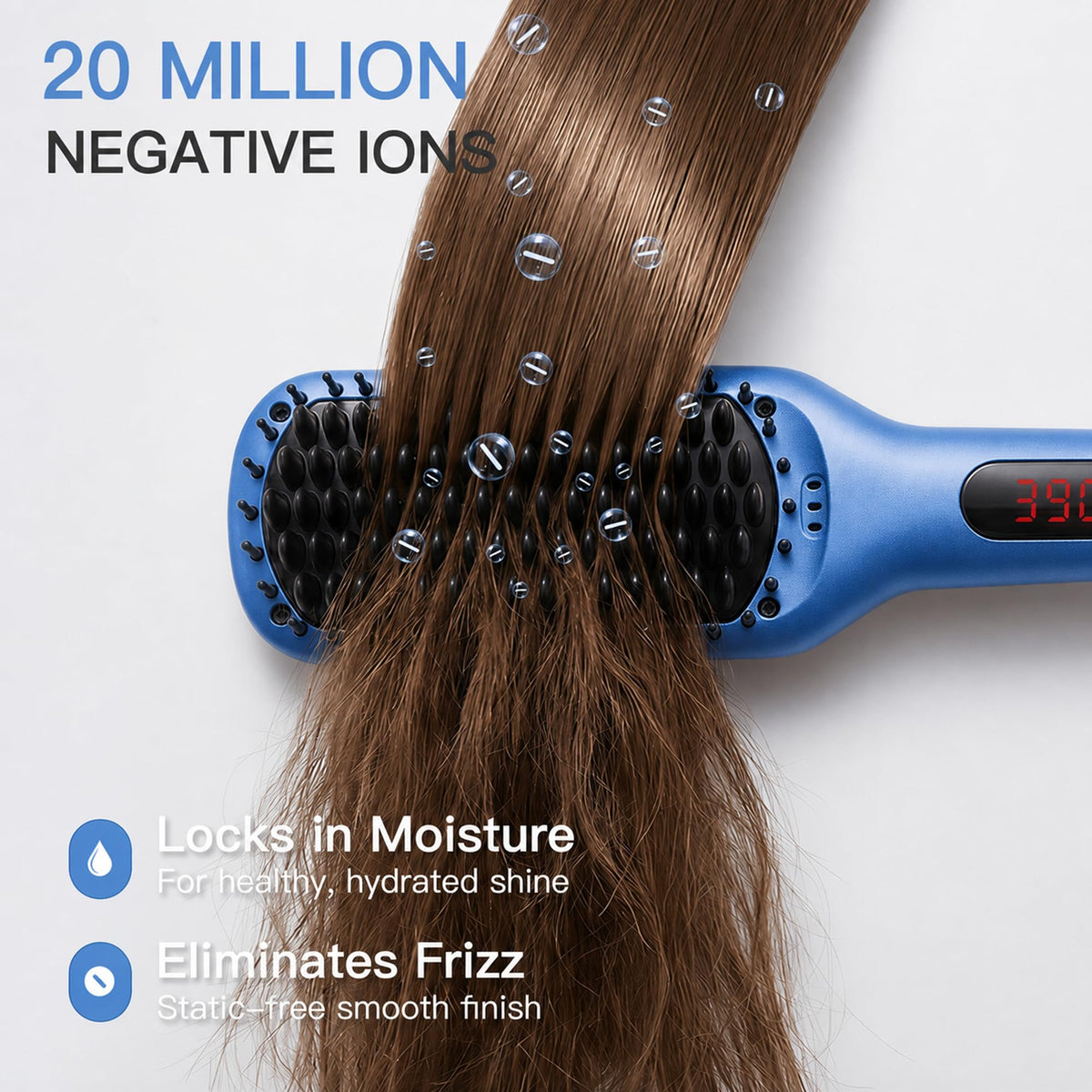 MEGAWISE hair straightener brush showing LED display and temperature controls