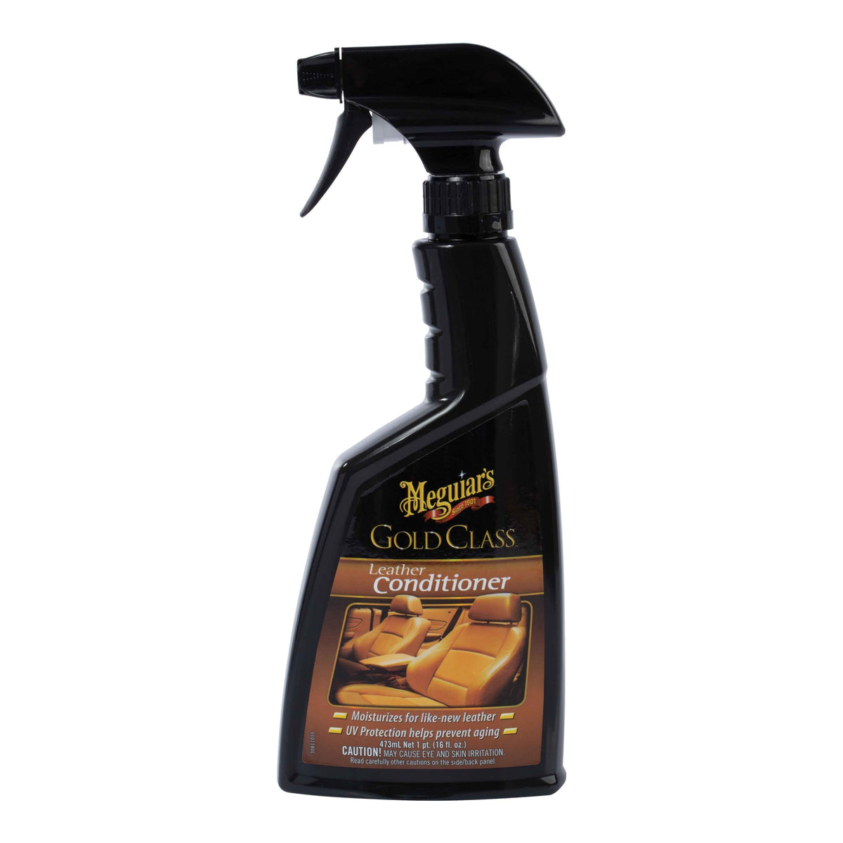 Meguiar's Gold Class Leather Conditioner Spray in use on car seats