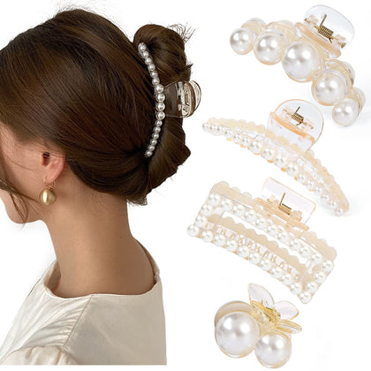 Mehayi 4 PCS Large Pearl Hair Claw Clips set in packaging