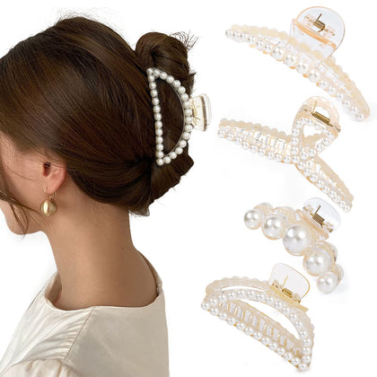 Mehayi 4 PCS Large Pearl Hair Claw Clips set in various angles
