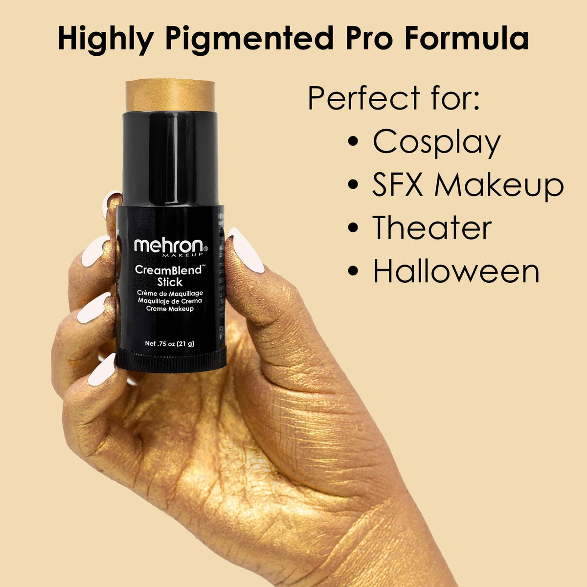 Mehron CreamBlend Stick Makeup Gold application on skin