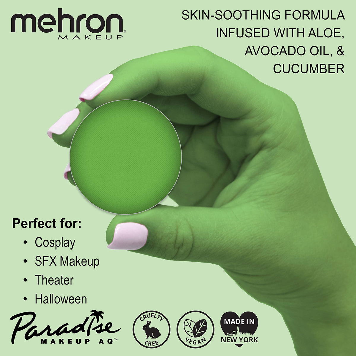 Mehron Makeup Paradise AQ Light Green Face & Body Paint open lid showing paint