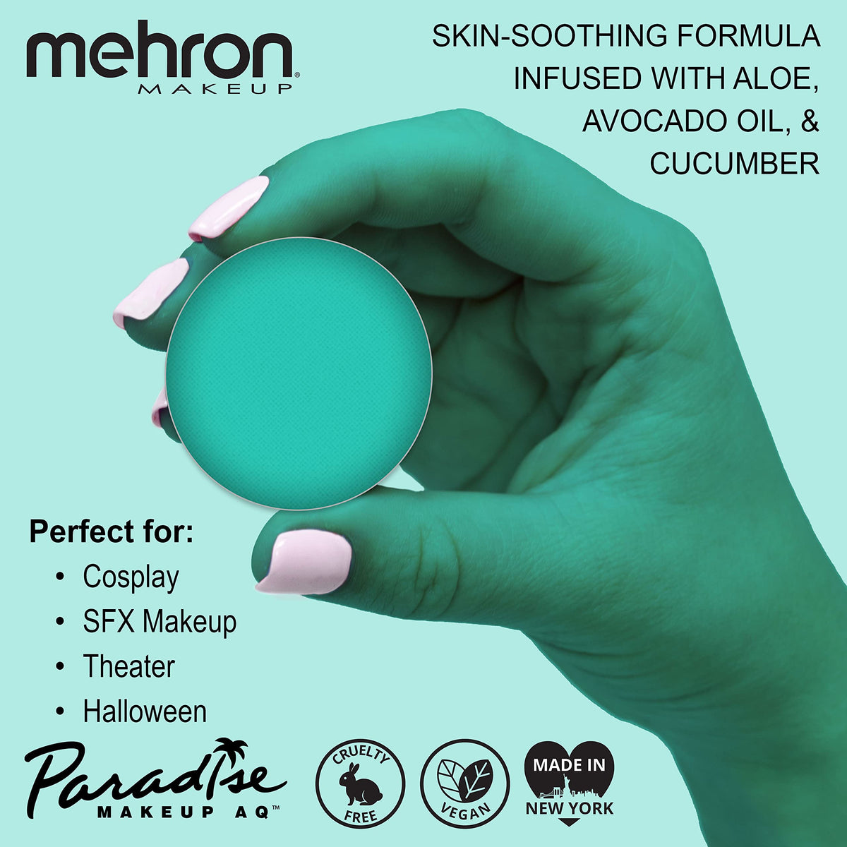 Mehron Makeup Paradise AQ Teal packaging side view