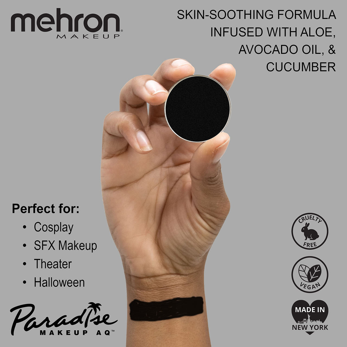 Mehron Paradise Makeup AQ Black Refill 7ml on a makeup palette
