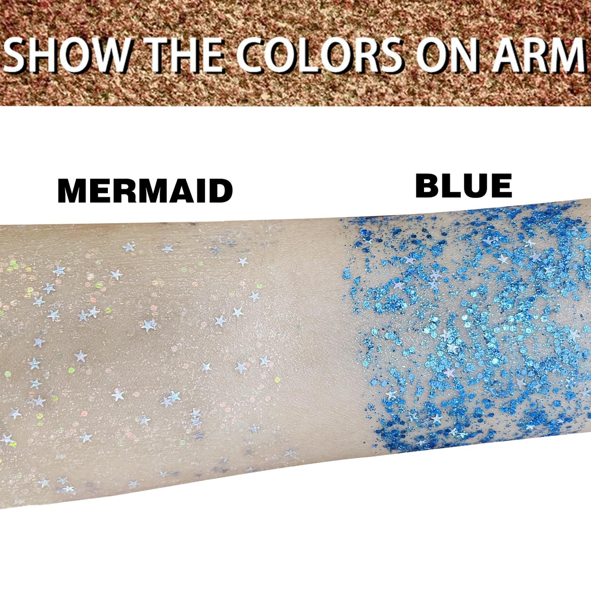 MEICOLY Blue Face Hair Glitter Stick applied on skin