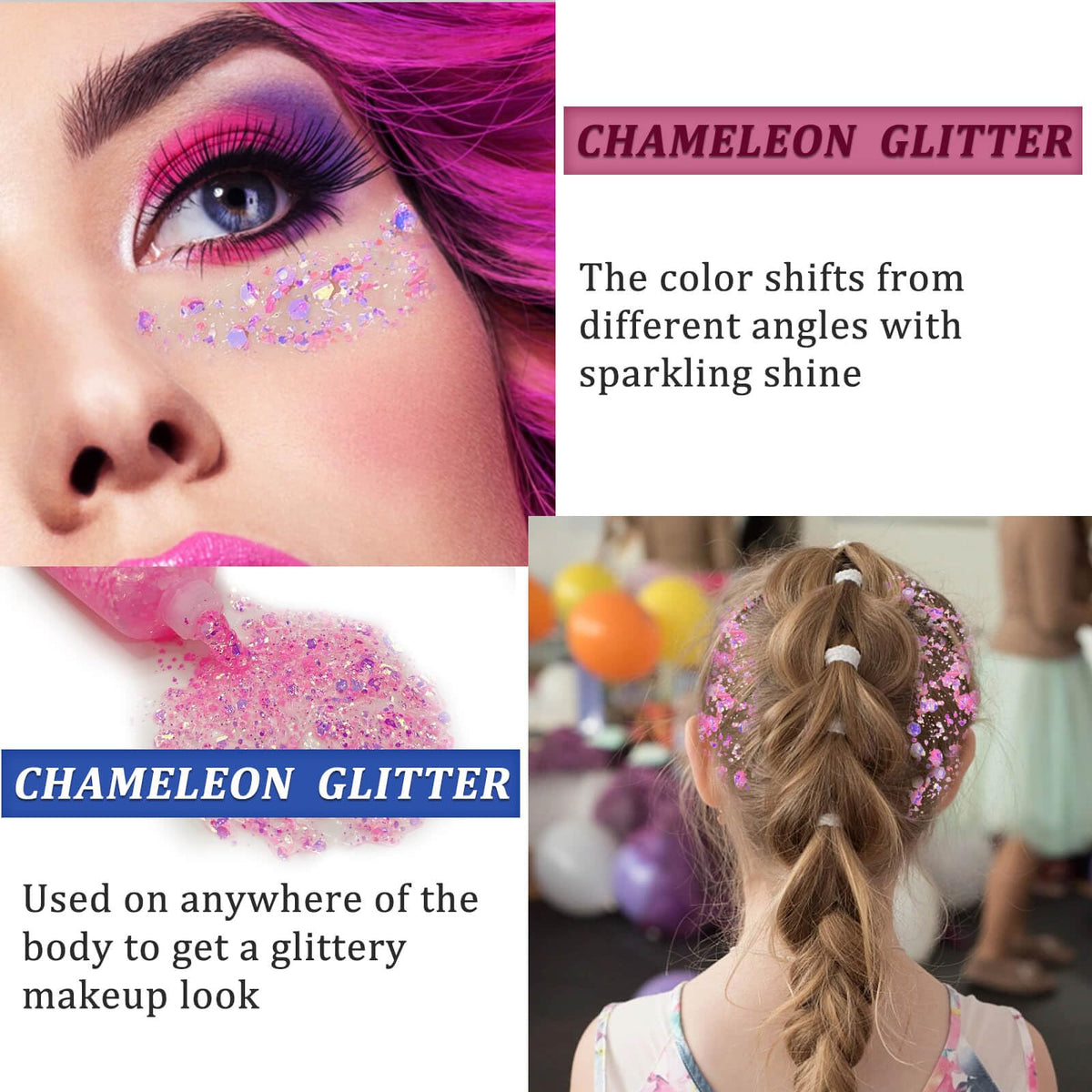 MEICOLY Chameleon Body Glitter applied on skin for a shimmering effect