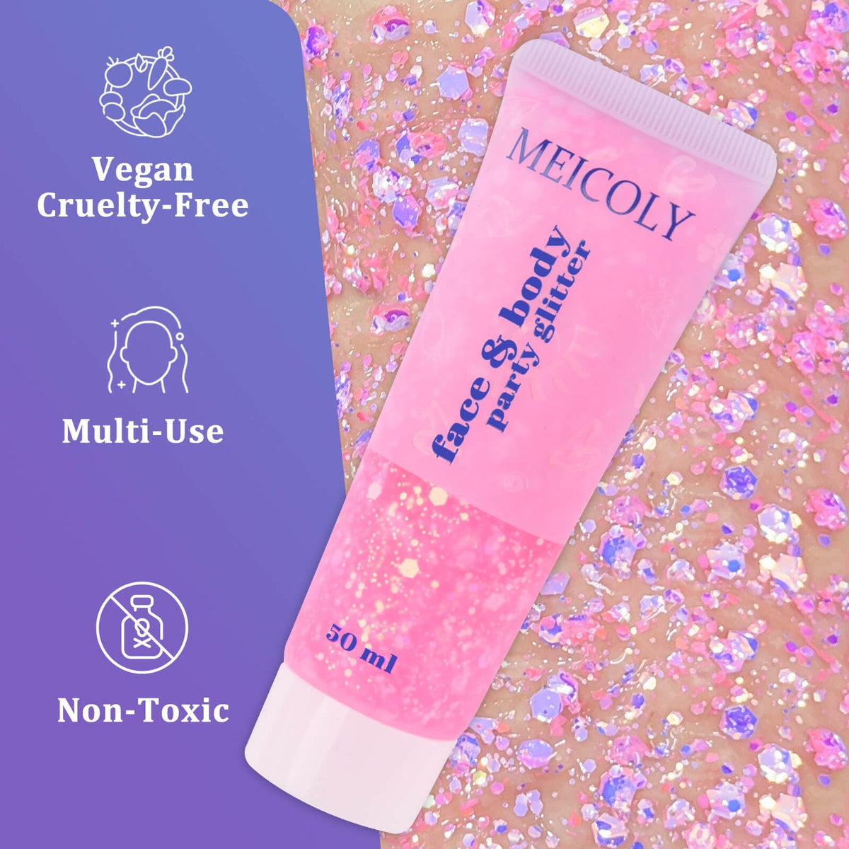 MEICOLY Chameleon Body Glitter applied to hair for a festive look