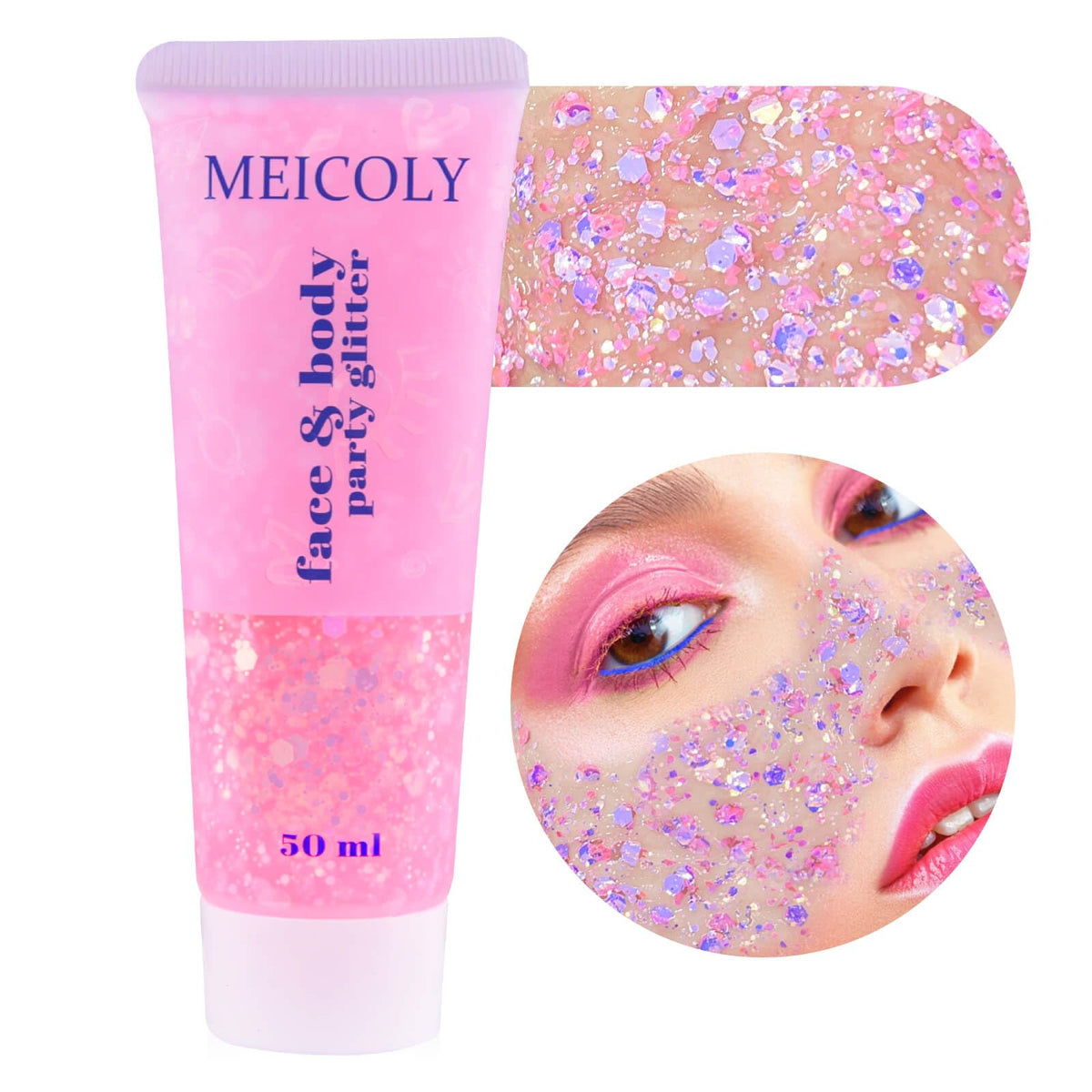 MEICOLY Chameleon Body Glitter tube front view with light pink gel