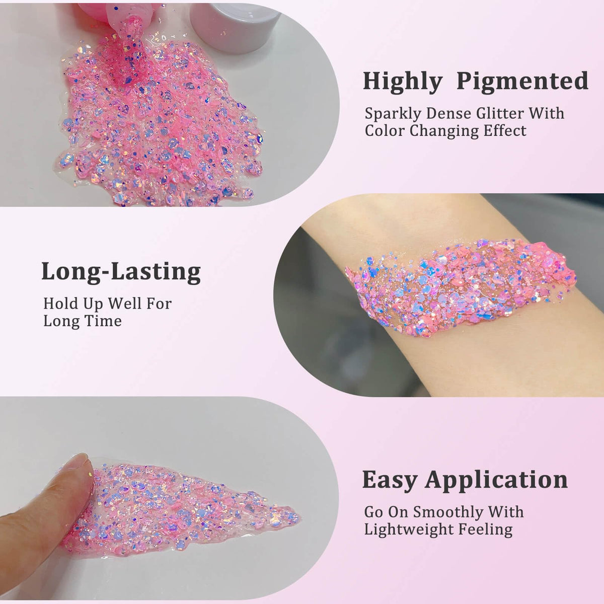 MEICOLY Chameleon Body Glitter tube with glitter spread on hand
