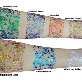 MEICOLY Chameleon Gold Body Glitter on skin in sunlight