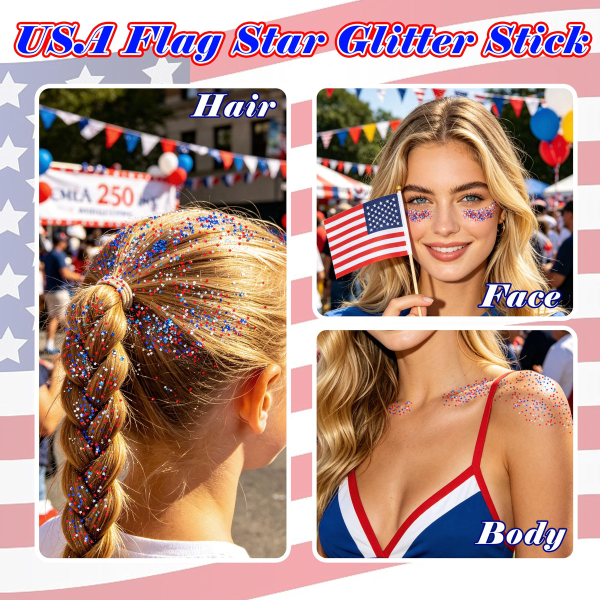MEICOLY glitter stick with red, white, and blue stars on a table