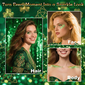 MEICOLY Green Face Body Glitter applied on skin for St Patricks Day