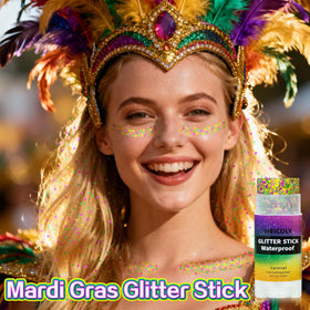 MEICOLY Mardi Gras Body Glitter Stick displayed with other party accessories