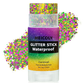 MEICOLY Mardi Gras Body Glitter Stick front view with gold, purple, and green glitter