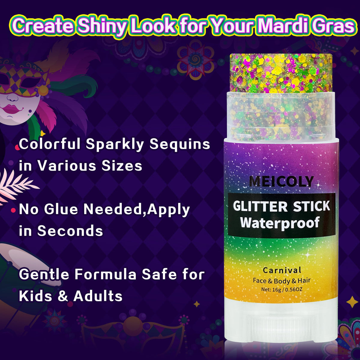 MEICOLY Mardi Gras Body Glitter Stick showing glitter texture