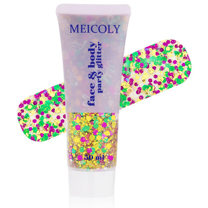 MEICOLY Mardi Gras Face Glitter Gel front view with holographic sequins