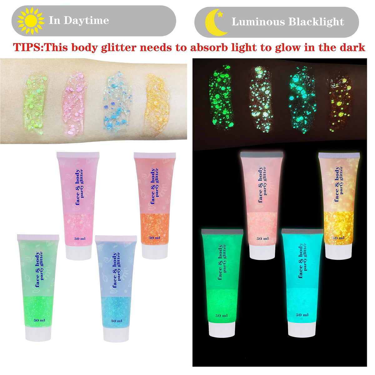 MEICOLY Neon Pink Body Glitter Gel glowing in the dark